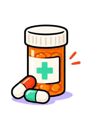 Illustration of a prescription bottle and capsules